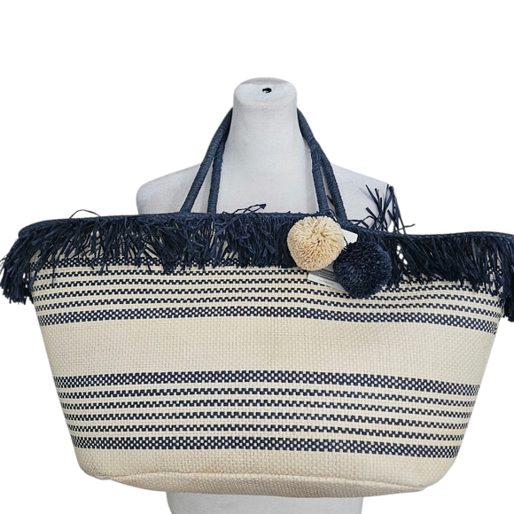 MUDPIE Fringe Straw Tote Navy Stripe. NWT - Picture 2 of 16